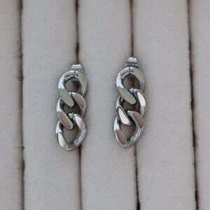 9mm Cuban Chain Stud Drop Style Earrings Silver Plated Stainless Steel